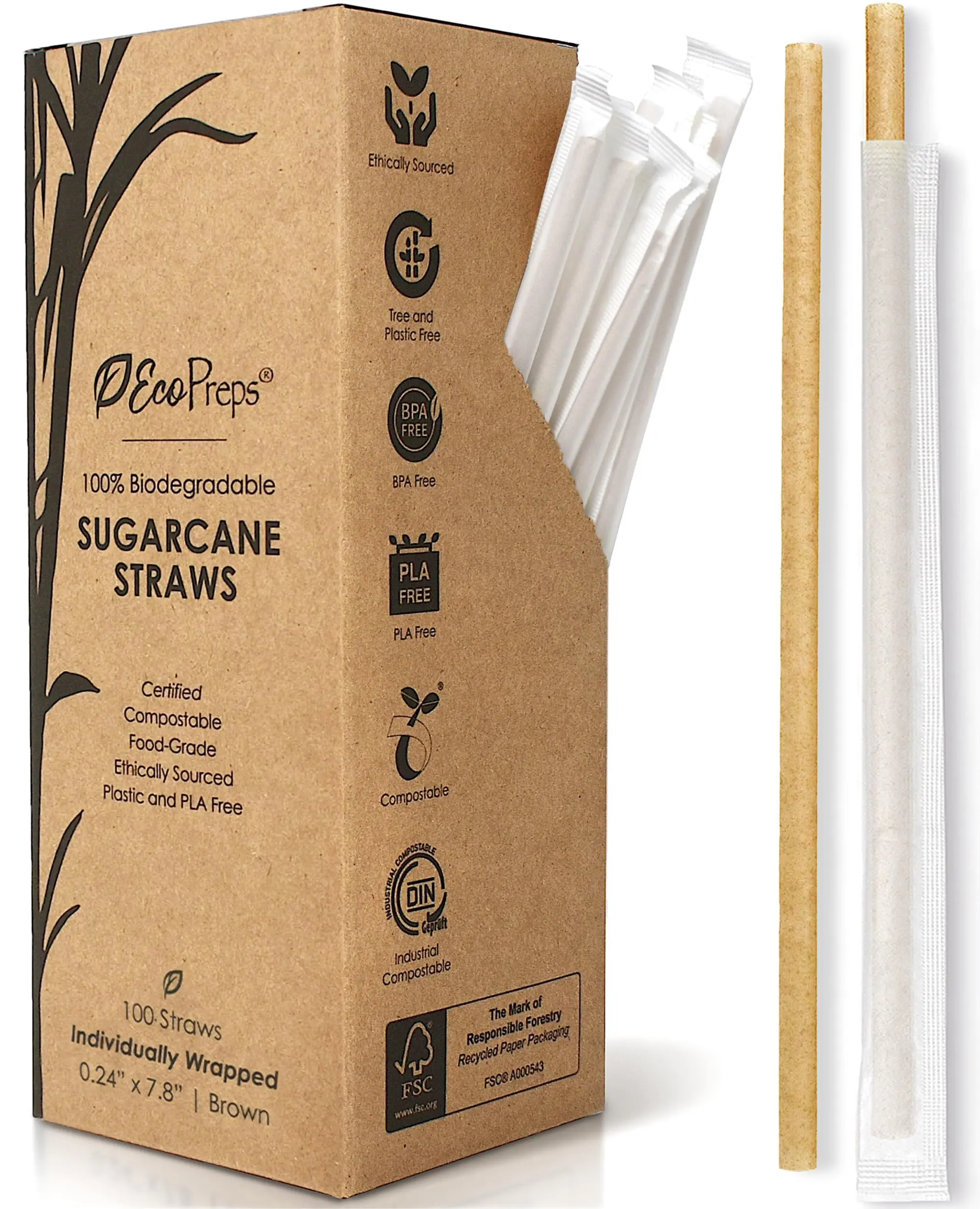EcoPreps Biodegradable Sugarcane Straws Compostable Individually Wrapped Straws | 100 Count 100% Plastic-Free Eco-Friendly Drinking Straw | 7.8” Sugar Fiber Disposable Straw Packed in Paper Wrap