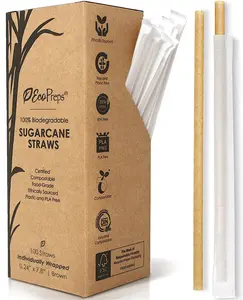 EcoPreps Biodegradable Sugarcane Straws Compostable Individually Wrapped Straws | 100 Count 100% Plastic-Free Eco-Friendly Drinking Straw | 7.8” Sugar Fiber Disposable Straw Packed in Paper Wrap