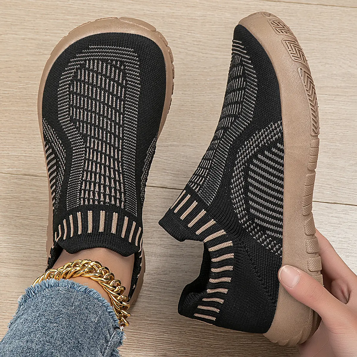 Women's Cozy Sock Shoes, Minimalist Slip-On Sneakers with Geometric Knit Fabric, Round Toe and Slip-Resistant Lightweight Sole, Footwear, Casual, Parents, Polyester, Ankle, Basic, Women's Shoes