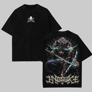 Demon Slayer Mens T-shirt, Inosuke Hashibira Shirt Tanjiro Kamado Tee Printed Kaos Short Sleeve Shirt Casual, Vintage Washed Tee Unisex Oversize Anime Manga Washed Heavyweight Cotton T-shirt