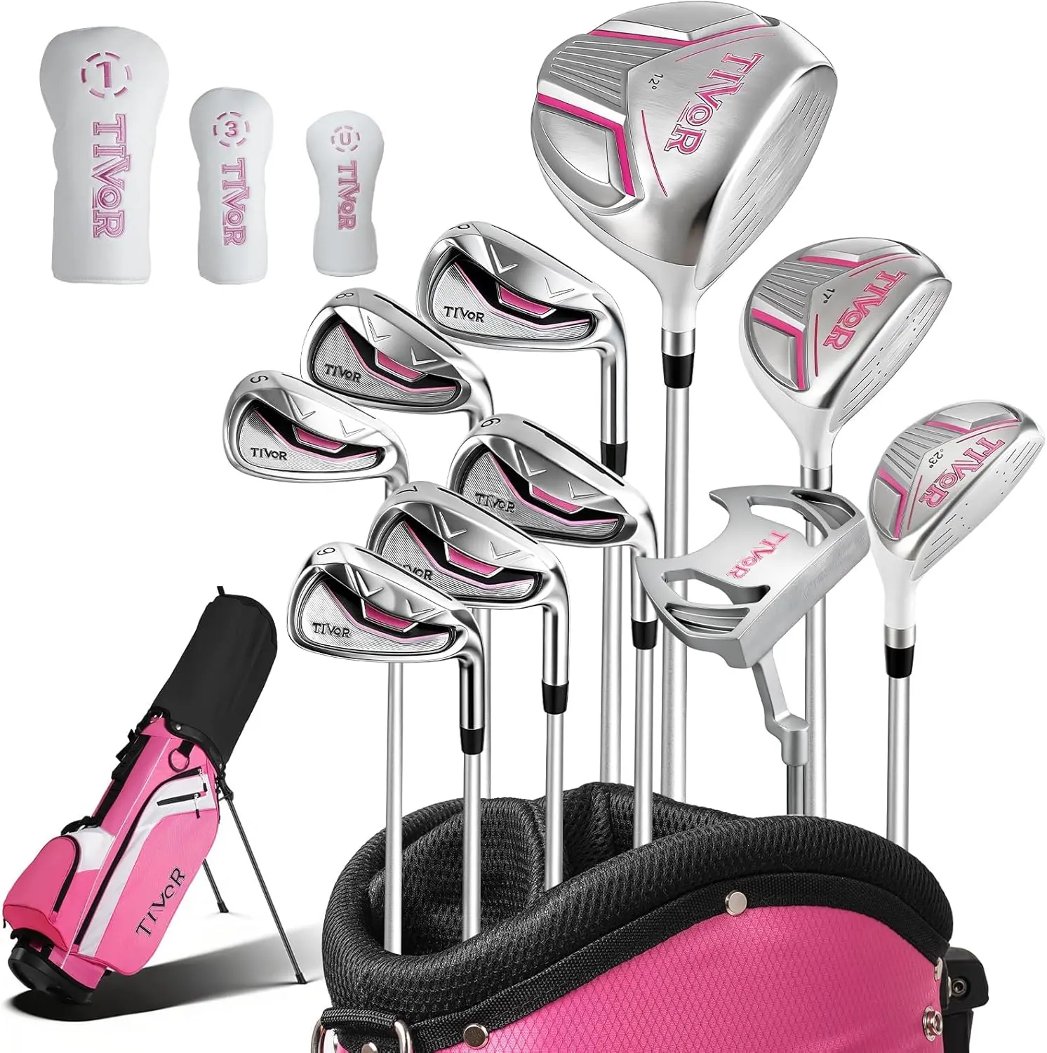 Golf Clubs Set Complete 14-Piece with Driver Fairway Hybrid Irons Putter Stand Bag & 3 Headcovers for Men Women Right Left Handed - Beginner Golf Sets Pink Black, Driver Golf Clubs