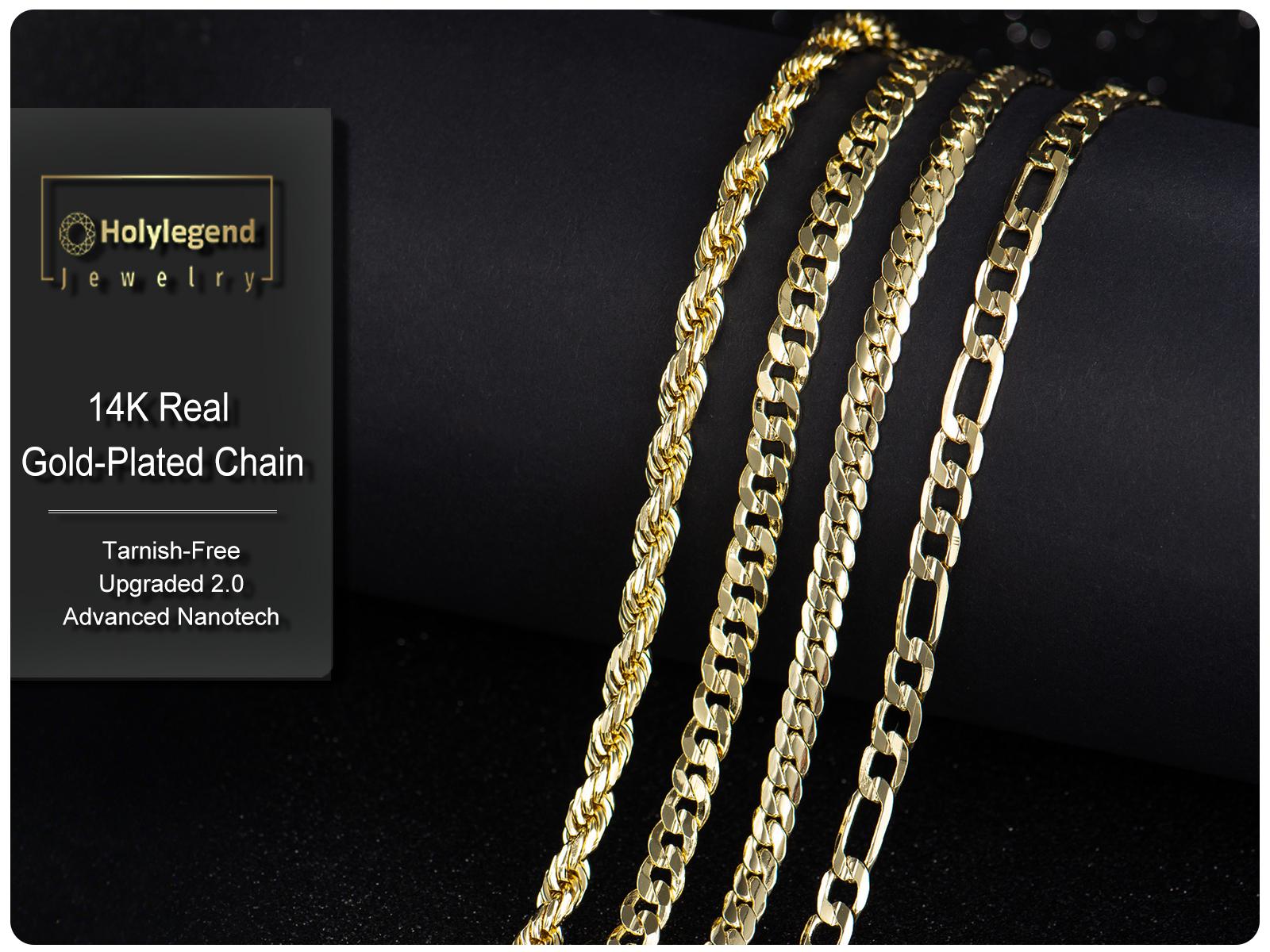 Holylegend 14K Real Gold-Plated Rope, Figaro, Miami, Cuban, Byzatine, Franco Necklace Chain 24 Inches Long,Tarnish-Free, 8mm/10mm Width, Secure Clasp,Father's Day Gift