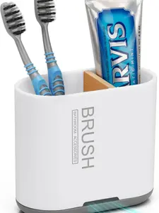 Toothbrush and Toothpaste Holder with Bamboo Divider for Bathroom Countertop Organizer, 2 Slots Electric Storage Caddy Drainage for Family-White