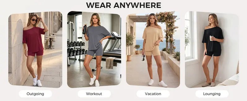 Fisoew Women's 2-Piece Lounge Set - Off-Shoulder Oversized Top & High-Waist Biker Shorts, Breathable Buttery-Soft Stretch Fabric, Casual Loungewear/Pajama Set for Home, Summer, Travel