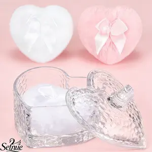 SETNUE 3 Pieces Large Body Powder Puff and Container Valentine’s Day Gift Hammered Heart Clear Crystal Case Soft Washable Reusable Velvet Face Body Glitter Wet Dry Makeup