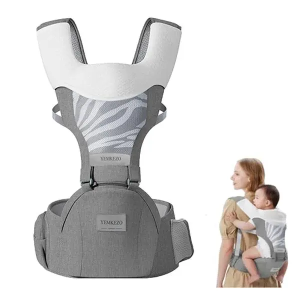 Ergonomic 4-in-1 Baby Carrier with Hip Seat, Foldable Front Baby Carrier, Adjustable Removable Holder, M Position Support for 0-36 Months Newborn to Toddler, Grey, Seat Baby Carriers