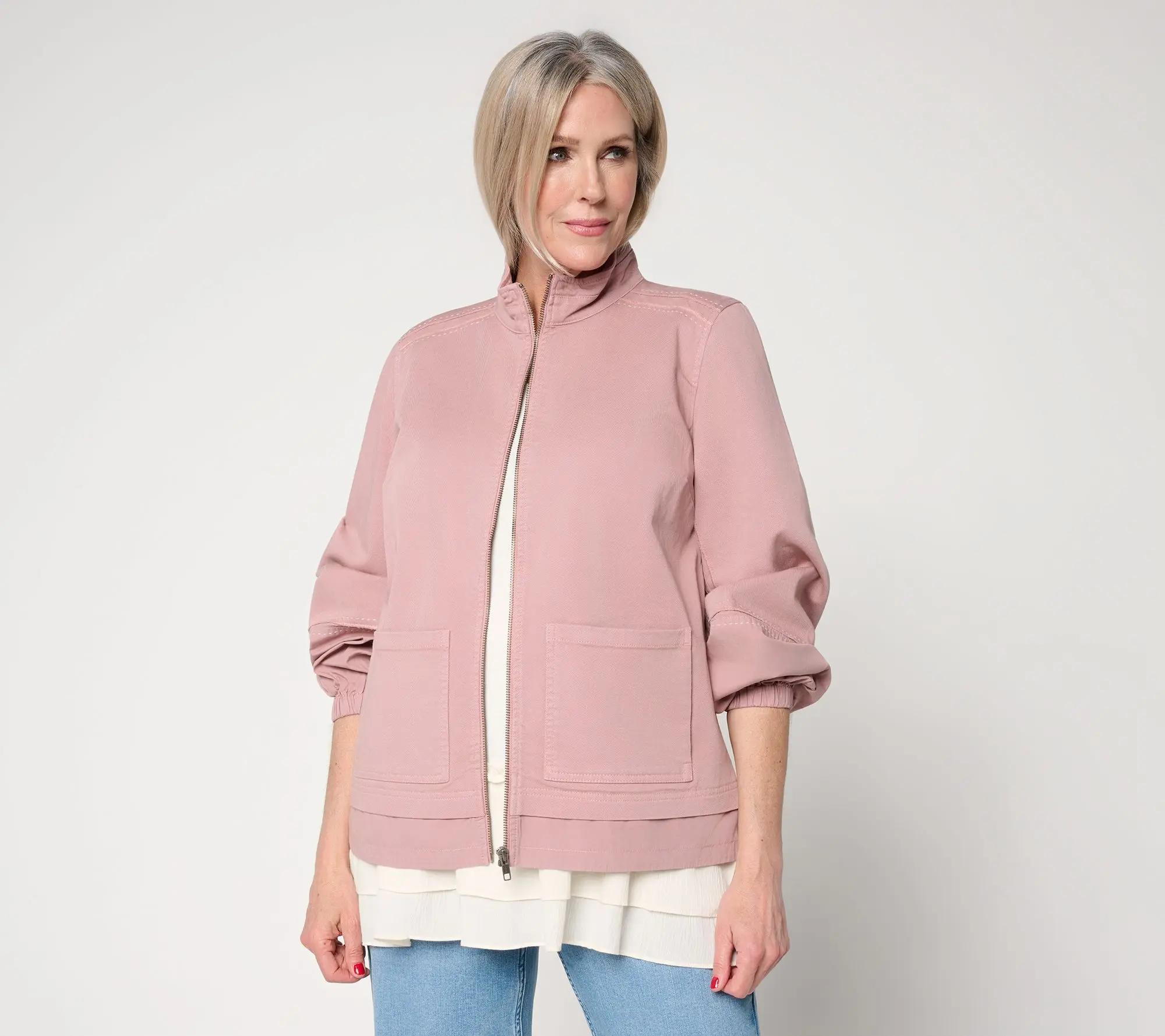 LOGO Lavish by Lori Goldstein Mixed Media Zip Front Jacket