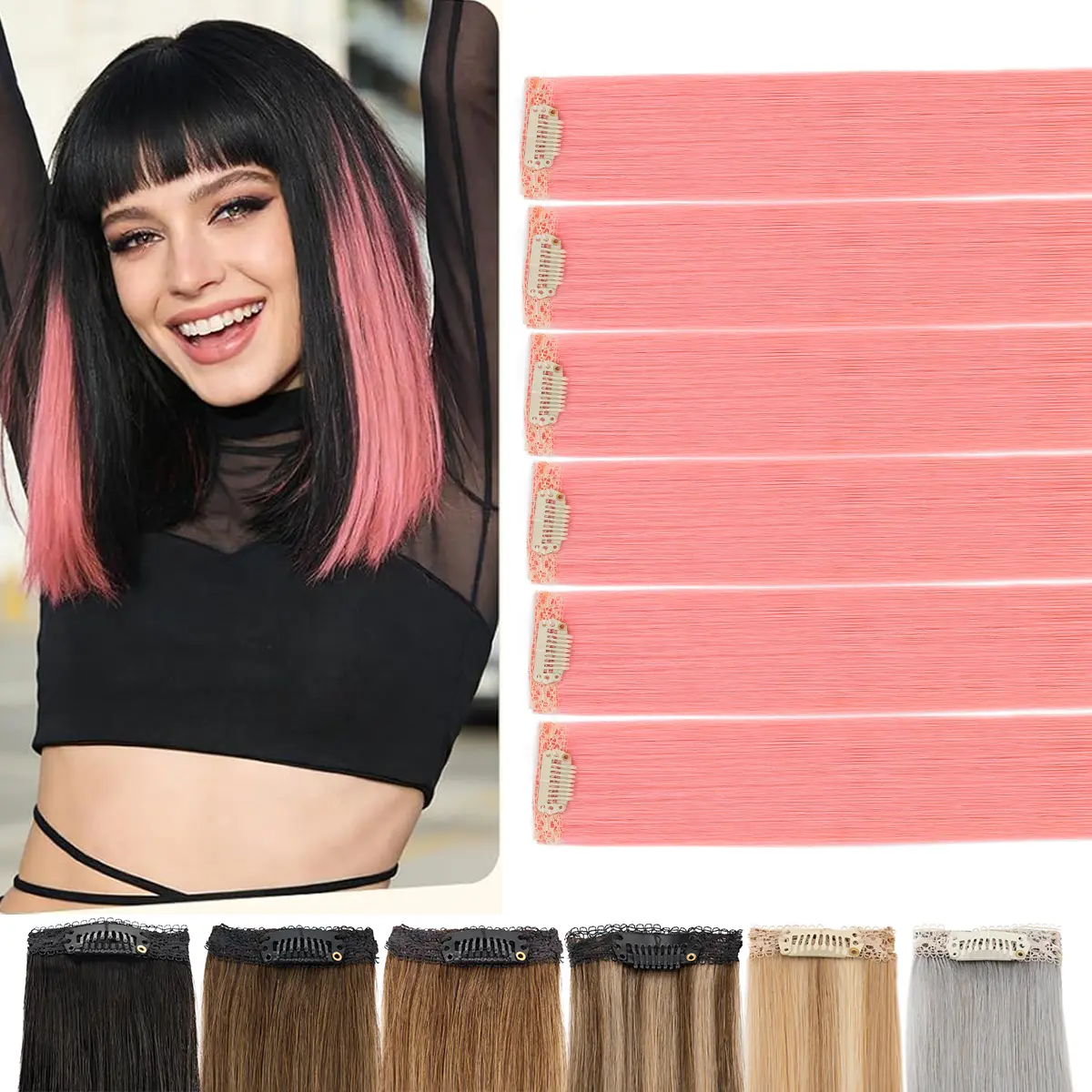 6PCS Clip-In Human Hair Extensions with 6 Clips, Natural Straight Extensions, Lightweight Hairpiece for Thinning Hair Fill & Face Framing