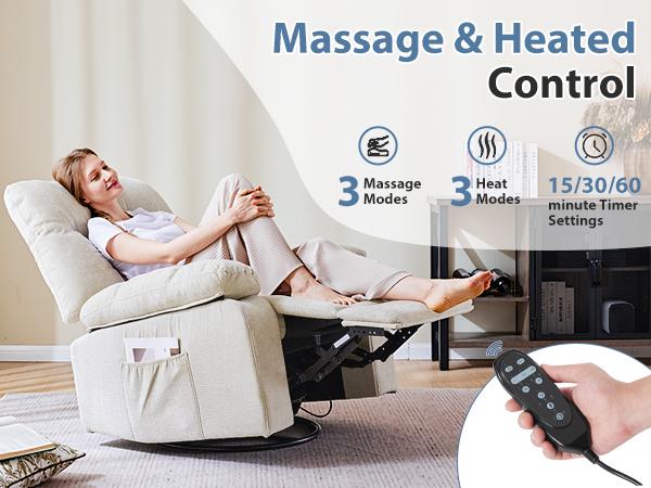 Rocker Recliner Chair, Swivel Recliner with Vibration Massage & Lumbar Heating, 270° Rotating Chenille Fabric Recliner with footrest for Living Room & Bedroom