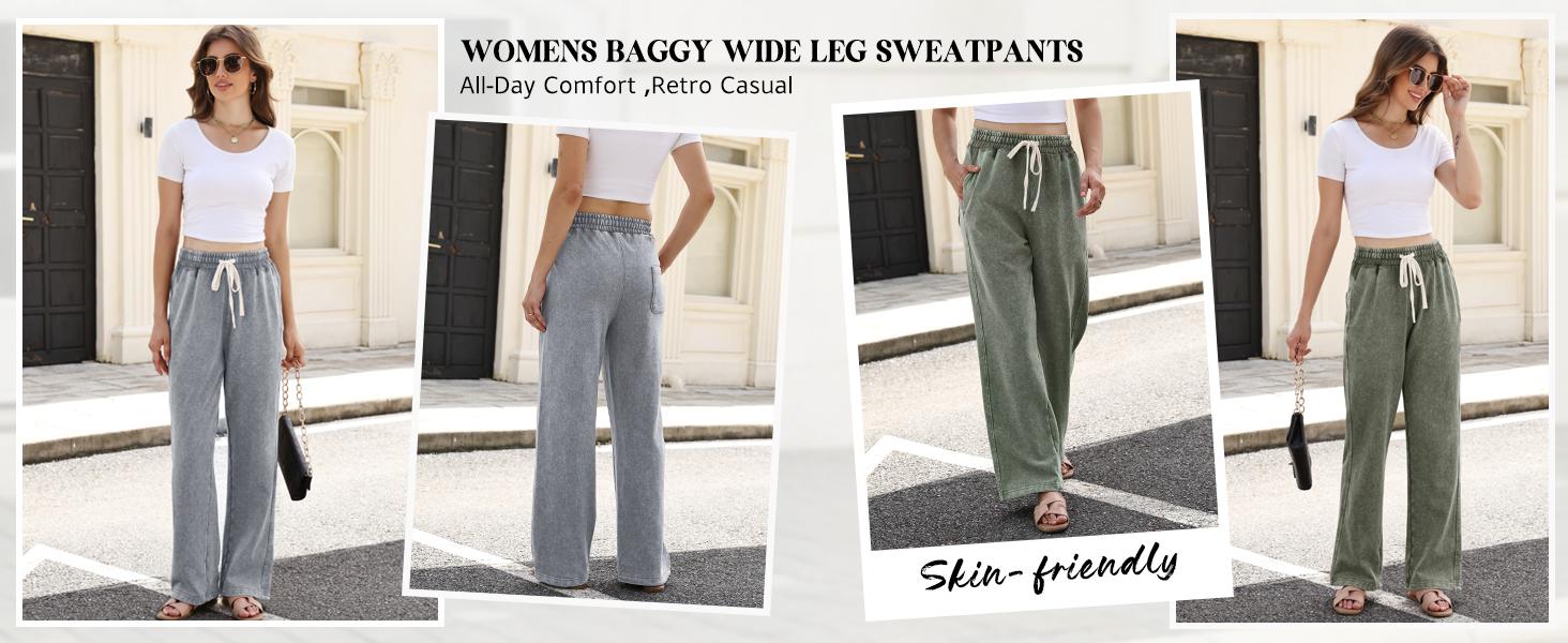 Arssm Women’s Baggy Sweatpants – Wide Leg Palazzo Pants with Acid Wash, Cotton Joggers, Drawstring Athletic Pants with Pockets for Casual Streetwear