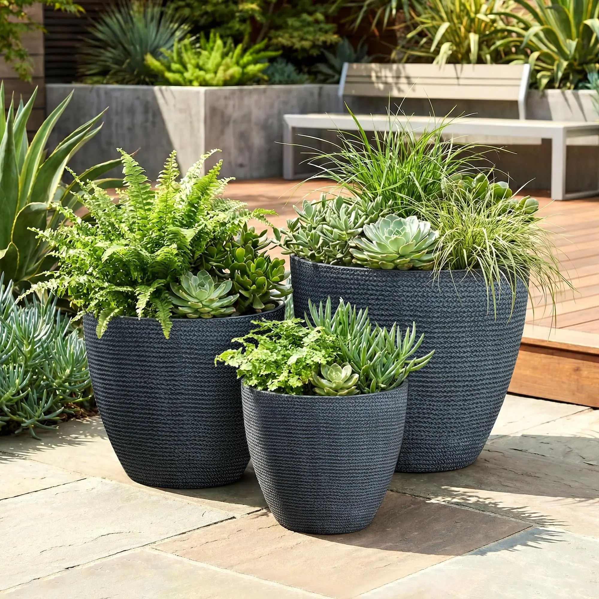 Modern Tapered Waist 3-Piece PE Plastic Flower Pot Set - Shatterproof, Lightweight, Outdoor Safe Planters for Indoor, Garden Use (Small to Large Sizes)