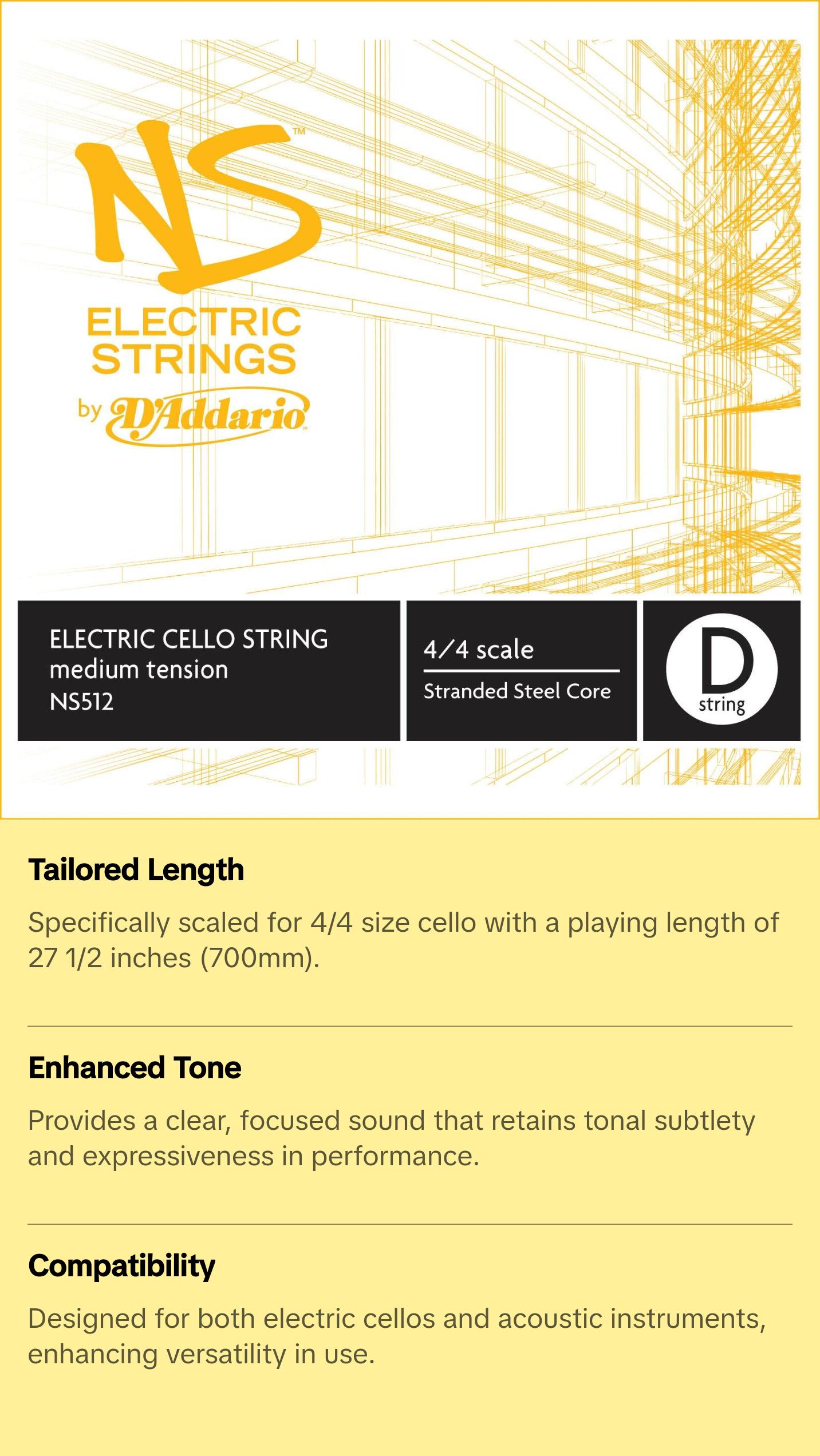 D'Addario NS Electric Cello Single D String, 4/4 Scale, Medium Tension