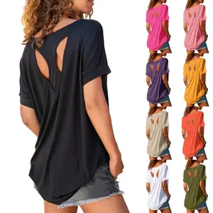 LAICIGO Womens Elegant Trendy Open Back Comfy Loose Fitting Workout Casual Yoga T-Shirt Summer Gym Tee