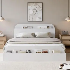 Queen Size Bed Frame, Wooden Beds with Storage Headboard and Raised-Foodboard, Queen-Floor Low Platform Bed for Bedroom, Sturdy Wooden Slats Support, No Box Spring Needed, White