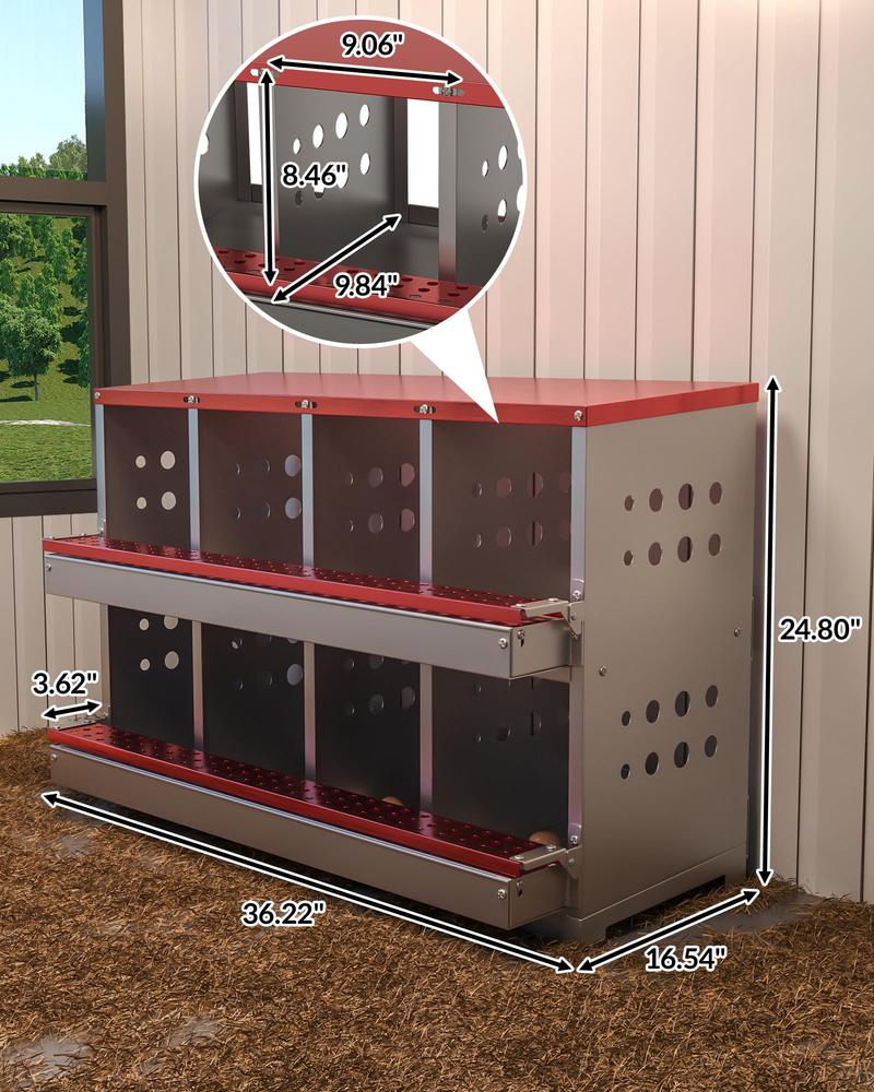 GARVEE 8-Hole Chicken Nesting Box with Metal Roll Away Automatic Egg Collection, Galvanized Steel, Waterproof, Ventilated, Wall-Mountable for Farm Use