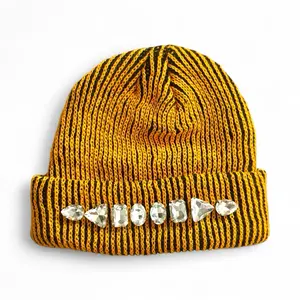 Striped Beanie with Crystal Embellishments - Orange and Black Patterned Design