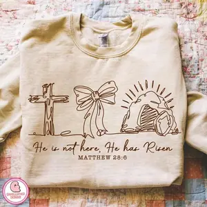 He Is Risen Sweatshirt, Matthew 28:6 Bible Verse Sweater, Vintage Easter Christian Crewneck, Coquette Easter Bow Shirt, Retro Faith Resurrection Top