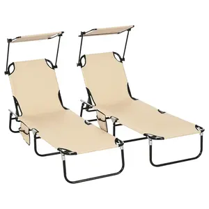 Outsunny Folding Chaise Lounge Pool Lounge Chairs Set of 2, Outdoor Sun Tanning Chairs with Canopy Shade, Reclining Back, Steel Frame and Side Pocket for Beach, Yard, Patio