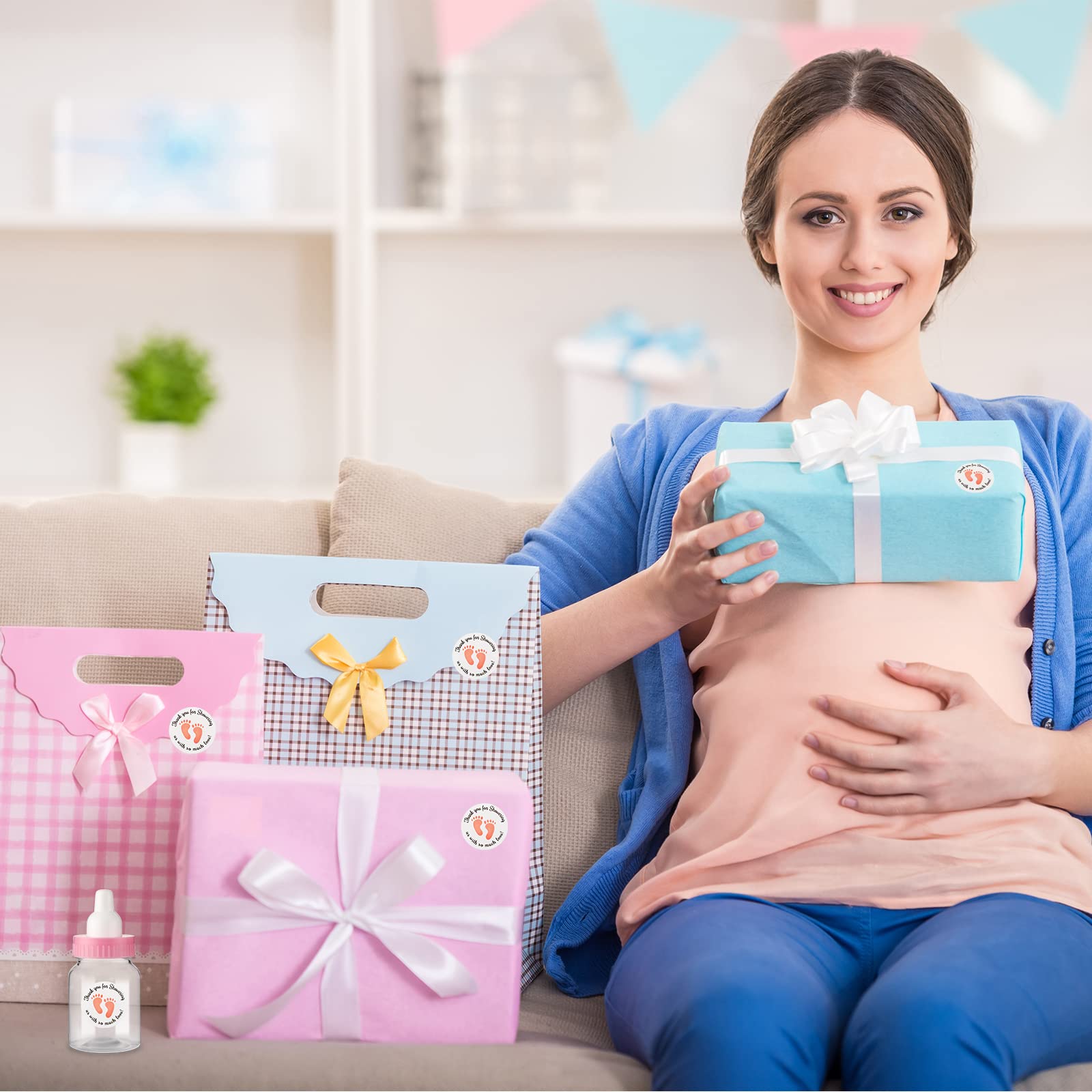 24/48 Pcs Baby Shower Prize Mini Baby Bottles Chug Plastic Milk Bottles Candy Baby Bottles with Thank You Showering Stickers and Bows Thank You Gifts for Guests,Birthday Party Baby Shower Favors Gift