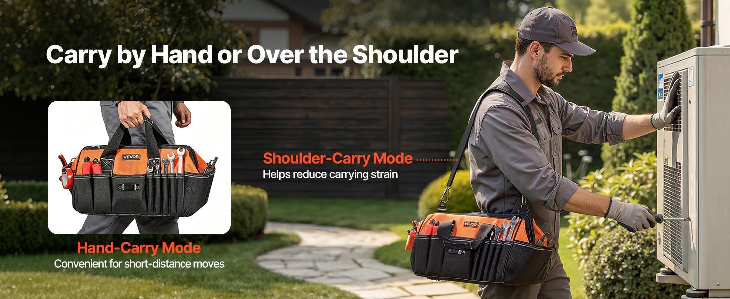 VEVOR 15.7-Inch Tool Bag with 33 Multiple Pockets, Dirt-Block ft, Steel Rivets, Soft Handle, Large Zippers, Adjustable Shoulder Strap, Comfortable & Long-Lasting Men's Work Organizer for Repair, Father's Day Gifts, 30Lb, Dirt‑Block Feet