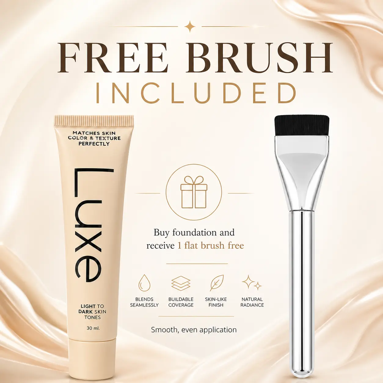 Color-Adapting Foundation with Free Flat Foundation Brush - 30ml Lightweight Cream Formula, Daily Makeup, Flawless Light/Medium Smooth Cover, Tone Evenness