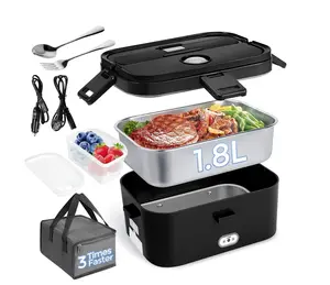 Electric Lunch Box Food Heater, Portable Food Warmer, Hot Lunch Warmer Heated Lunch Box for Adults, 60W 1.8L 12V-24V 110V Stainless Steel Container Portable Food Heater (Black+Black)