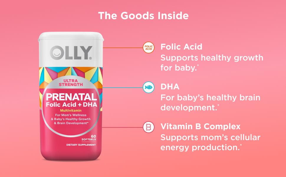OLLY Ultra Strength Prenatal Multivitamin Softgels, Supports Healthy Growth, Brain Development, Iron, Folic Acid, DHA, Vitamins C, E, 30 Day Supply-60 Count