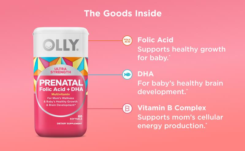 OLLY Ultra Strength Prenatal Multivitamin Softgels, Supports Healthy Growth, Brain Development, Iron, Folic Acid, DHA, Vitamins C, E, 30 Day Supply-60 Count