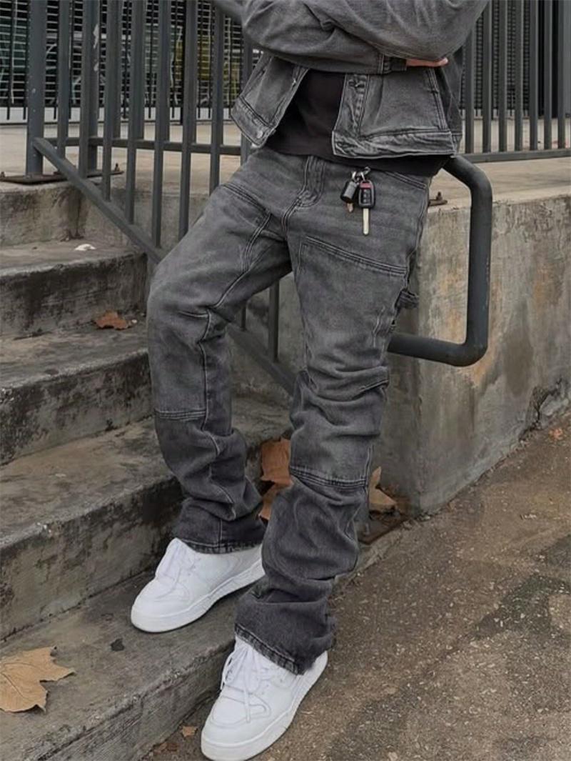 New Men Stylish Baggy Regular Fit Jeans Trousers Streetwear Men's Solid color Splice Loose Straight Casual Denim Pants SpringStatements