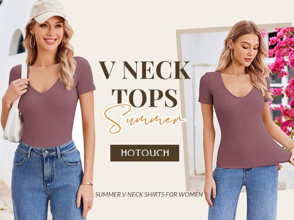 Women's Deep V Neck Tops for Women Sexy Low Cut Summer Ribbed Knit T Shirts Slim Fit Stretchy Basic Fashion Tee
