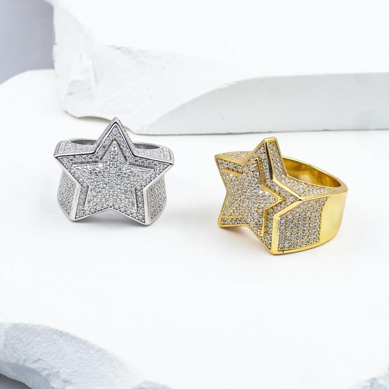 Delzzad 14K Gold-Plated Bling Pentagram Ring Round VVS Synthetic Moissanite S925 Unisex Hip Hop Iced Out Stars Ring Band Perfect for Any Occasion & Everyday Wear Birthday Anniversary Mother's Day Christmas Gifts for Men Women