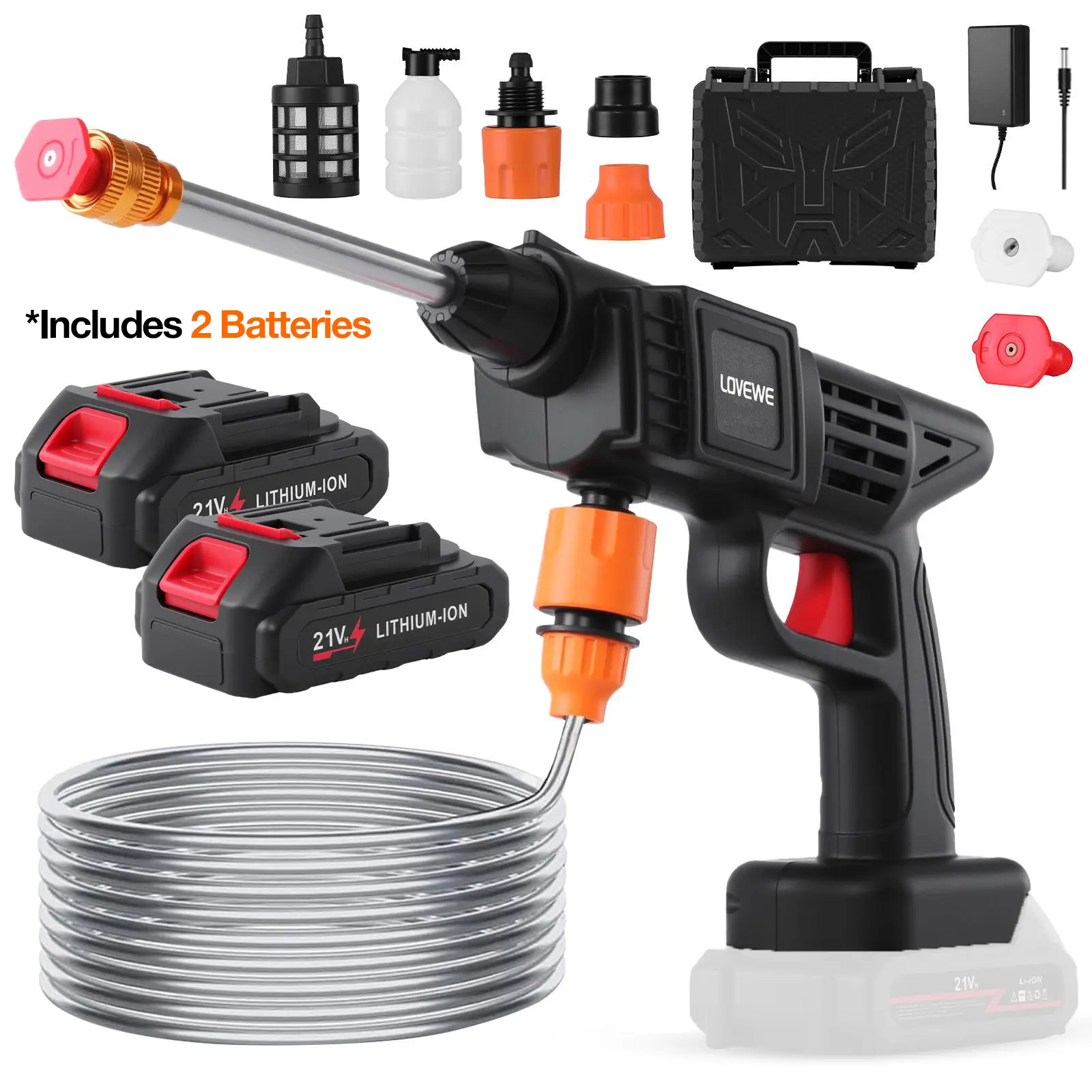 LOVEWE Handheld Cordless High Pressure Washer with 2-Pack Lithium Batteries, Charger, Pressure Washer Nozzle, Foam Spray Gun, Tool Box, Wireless Freedom for Car, Outdoor Cleaning