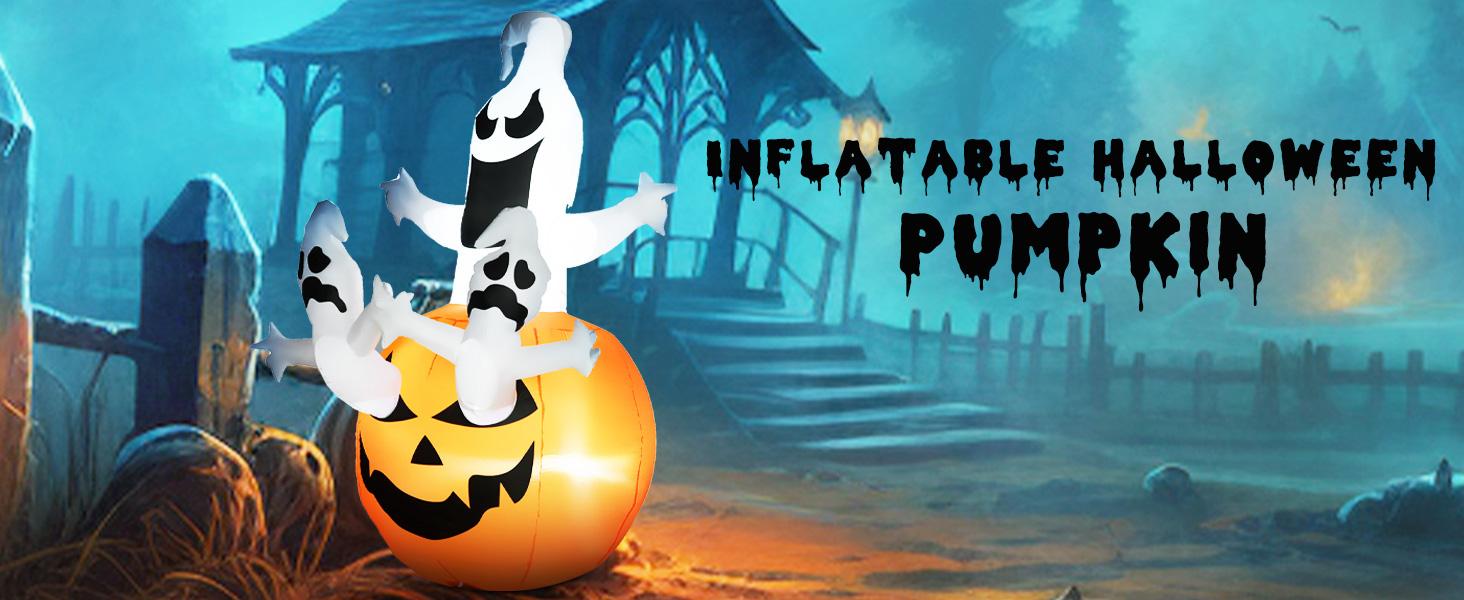 HOMCOM 6' Inflatable Halloween Jack-O-Lantern Pumpkin and Ghosts , Blow Up Outdoor LED Yard Display, Waterproof
