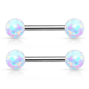 Internally Threaded Synthetic Opal Balls Nipple Barbells - Stainless Steel - Pair