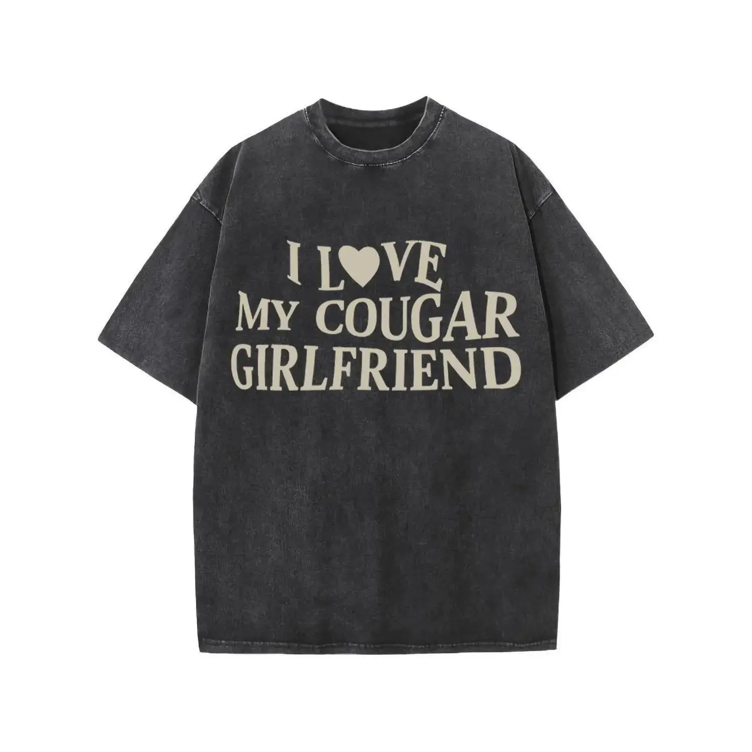 Men's Slim-Fit Washed Cotton T-Shirt - Retro Vibe, Soft Wash, All-Seasons Graphic Print with "I Love My Cougar Girlfriend" Text Design