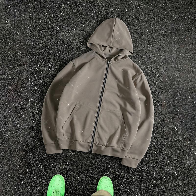 Men's Gypsy star design shiny zipper hooded sweater, soft and skin-friendly fabric, pocket design, street trendy cool style, daily going out on the street, casual commuting adaptation, personalized trend couples versatile wear