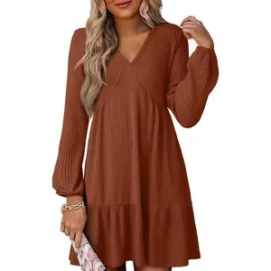 Fall Dresses for Women 2025 Long Sleeve V Neck Lightweight Ribbed Knit Empire Waist Casual A Line Swing Mini Dress