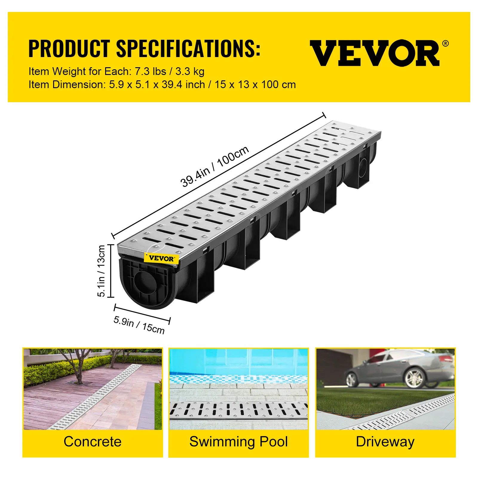 【summerfinds】VEVOR Trench Drain System, Channel Drain with Metal Grate, 5.9x5.1-Inch HDPE Drainage Trench, Black Plastic Garage Floor Drain, 3x39 Trench Drain Grate, with 3 End Caps, for Garden, Driveway-3 Pack