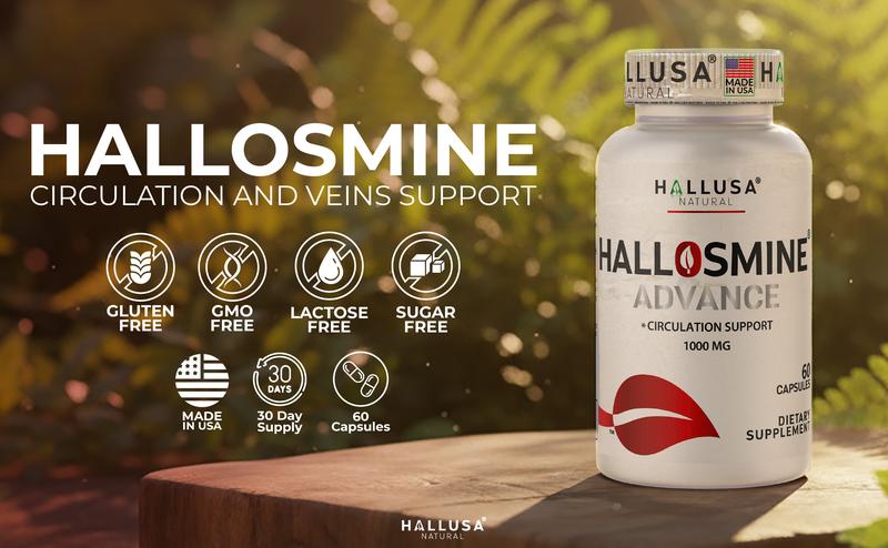 HALLUSA NATURAL HALLOSMINE ADVANCE 1000 mg x 60 Capsules Circulation Support with High-Potency Diosmin 90% for Healthy Vein & Blood Flow Gluten Free Non-GMO Dietary Supplement Made in USA - Edible