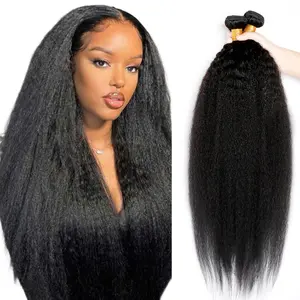 Msgem Hair Kinky Straight 100% Human Hair Bundles 12A Yaki Straight 12-32 Inch 3 Bundles or 4 Bundles/Lot Kinky Straight Weave Extensions No Chemical #SummerVibes