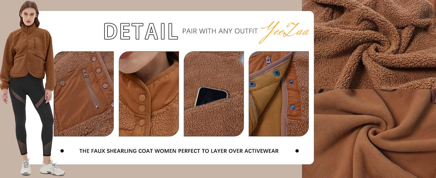 YeeZaa Women's Cropped Sherpa Lined Fleece Jacket 2026 Spring Warm Button Down Fuzzy Coats Shacket Outerwear with Pockets SpringStatements