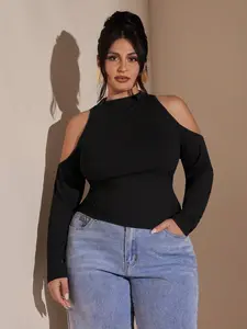 HANNA x BAE Plus Size Casual Simple Slim Cold Shoulder Plus Size Turtleneck T-Shirt, Autumn/Winter