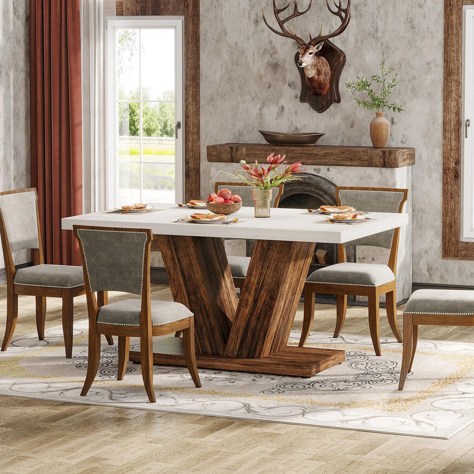 Spaco Round Dining Table for 4 - Heavy Duty Pedestal V-Base Kitchen Table, Farmhouse Style Wooden Eat-In Table for Small Spaces, Dining Room & Kitchen