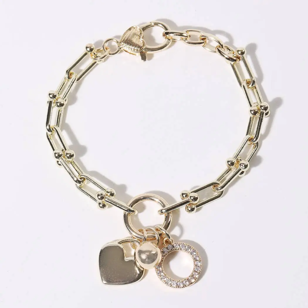 Adults' Gold Charm Bracelet with Artificial Crystal Heart Accents - 6.75 in Length + 1" Extender, 1 Size, Heart-Shaped Clasp Closure, 3 Dangling Charms, Daily Wear Jewelry Accessory, One Size