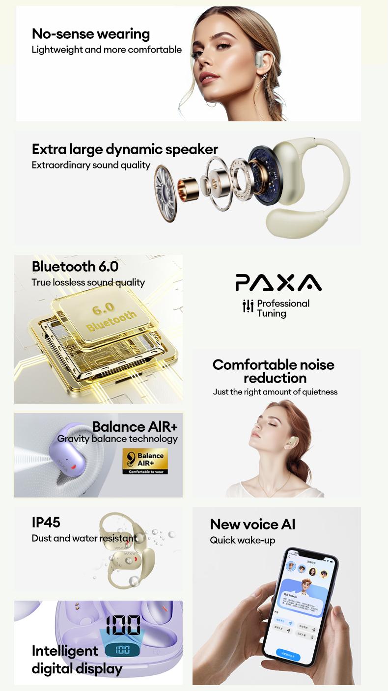 PAXA KC-10 Wireless Headphones with bluetooth 6.0 OWS Waterproof Sport Headsets Noise Reduction Headphones With Mic Earbuds Audio Electronic