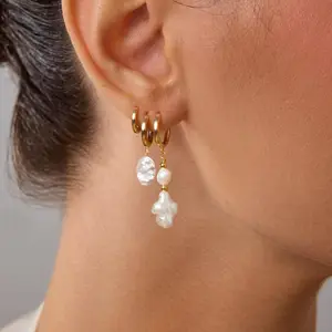 Tewiky 14K Gold Plated 3 Pairs Hoop Earrings for Women, Dainty Smooth Hoops with Cross Natural Pearl, Irregular Pearl & Minimalist Style, Hypoallergenic Christian Jewelry Gift, Each Pearl is Unique