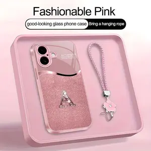 Luxury Pink Phone Case with Lanyard Initial Letter A-Z Cover for iPhone 16 Plus --975