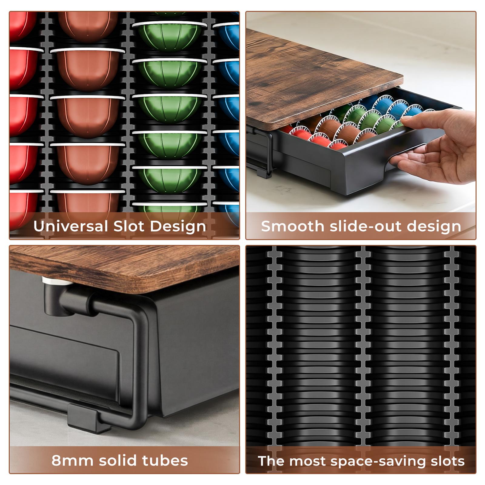 EVERIE Rustic Brown Wooden Coffee Pod Drawer Slide-Out Organizer Holder Compatible With Nespresso Vertuo Capsules 40 Large or 52 Small for Kitchen Countertop & Coffee Bar