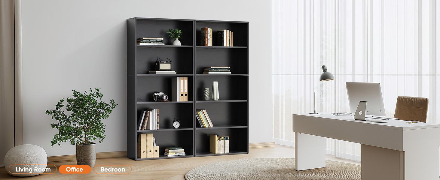 Industrial 5 Shelf Bookcase - Large 53 Inch Tall Floor Standing Open Bookshelf for Home Office, Living Room, and Bedroom Storage