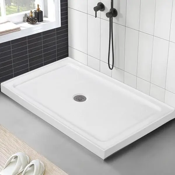32 * 48'' Shower Base with Single Threshold Rectangular Left Drain Location Shower Base in Glossy White, Acrylic Shower Pan with Black Stainess Steel Cover